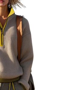 Manufacturer Womens Quarter Zip Knit Sweater Beige <b>With</b> Olive Green Contrast Collar Soft Knit Winter Casual Pullover OEM Custom - Product Image 2