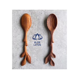 Juegos de cucharas de madera antiadherentes con forma de hoja grabada con mango corto/largo y estilos personalizados para Loto Azul al por mayor - Product Image 5