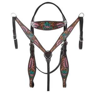 Personnalisé 100% Western Horse Floral Peint À La Main Headstall & Collier De Poitrine En Cuir Tack Set Bonne Qualité - Product Image 1