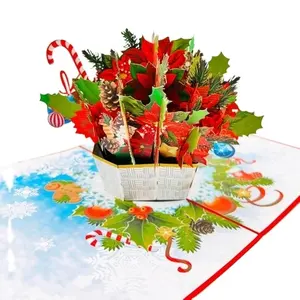 Noel 3D Poinsettia Flowers Basket Pop Up Card Venta al por mayor Vietnam Best Seller Tarjeta de felicitación de Navidad hecha a mano
