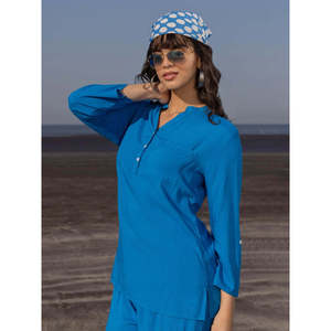 Blusa Vintage Azul de Gasa con Cuello Redondo y Manga Tres Cuartos con Detalle de Botones - Corte Ajustado Informal para Fiesta - Product Image 1