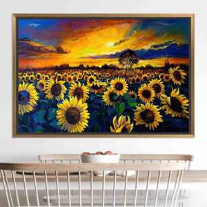 Toile d'art sur le thème du paysage au coucher du soleil : Décoration de champ de tournesols imprimée, toile encadrée dorée - Product Image 1
