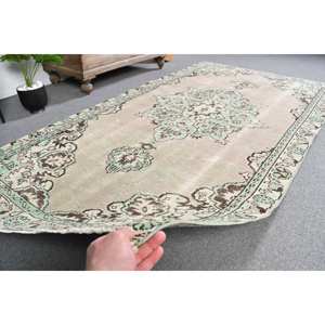 Tapis turc authentique de grande surface 4.1x8.2 pieds Beige Vert Patchwork Design Laine Matériau Latex Support pour chambre d'adolescent Utilisation au chevet - Product Image 4