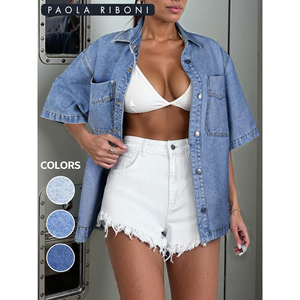 Paola Riboni Women <b>Denim</b> Shirt Oversize Short Sleeve Button Up Light Wash Vintage Style Summer Casual <b>Coat</b> - Product Image 5