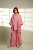 Ensemble de pyjama en lin rose écologique personnalisé pour femme, 2 pièces, col en V, manches longues, taille naturelle, coupe régulière, vente en gros