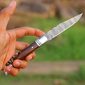 มีดพับใบมีดเหล็กดามัสกัสทำมือสำหรับร้านค้าปลีกที่เปิดไวน์มีดด้ามจับไม้โรสวูด - Product Image 4