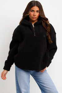Sudadera con capucha de lana de peluche para mujer más vendida, sudaderas con capucha de entrenamiento con cuello de media cremallera negras personalizadas bordadas para la temporada de invierno - Product Image 4