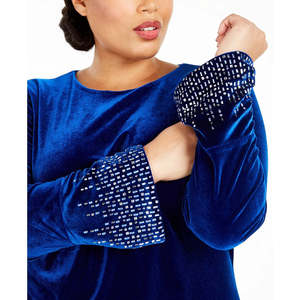 Abito da donna Calvin Klein taglie forti in velluto blu 18W con perline e maniche a campana, vita naturale, taglie XL-4XL, silhouette ampia, fiocco per ballo di fine anno - Product Image 3