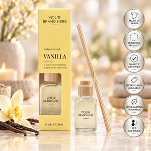 Diffuseur de parfum à bâtonnets à la vanille, marque privée, 45 ml |   Parfum d'ambiance doux et réconfortant |   Fabricant OEM Espagne - Product Image 1