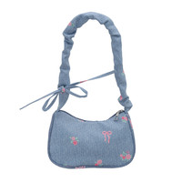 Nouveau Sac à Bandoulière en Jean à Motif Floral Adorable avec Nœud et Détail Plissé – Sac à Main Décontracté pour Femme pour le Quotidien