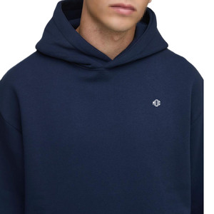 Sudadera con Capucha de Felpa de Algodón Sólido Azul Marino para Hombre, Estilo Holgado con Logotipo Minimalista en el Pecho para Producción de Marca Privada OEM - Product Image 3