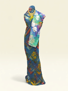 Beige Maqbal Dirac Fabric with Multicolor Embroidery & Matching <b>Green</b> Jacquard Shawl Luxury Wedding Set - Product Image 5