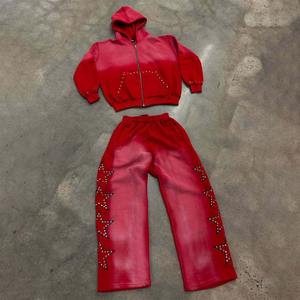 Conjunto de Pantalones Deportivos y Sudadera Personalizados para Hombre, Lavado Ácido, 100% Algodón, Pedrería, Cremallera Completa, Talla Grande, Diseño Holgado - Product Image 3