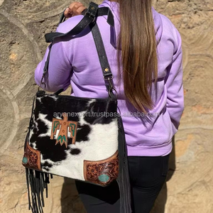 Sac fourre-tout en cuir pour femmes fait à la main sac à bandoulière en cuir de vachette naturel cheveux vache daim franges usiné à la main Patch OEM - Product Image 4