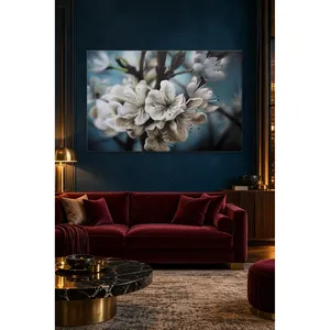 Impression sur toile Fida avec fond turquoise et fleurs de prunier blanches - Product Image 1