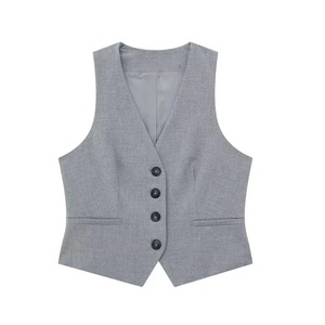 Nuevo Chaleco corto gris para mujer con cuello en V y abrigos cortos con botones Chaleco de moda de verano Top sin mangas - Product Image 6