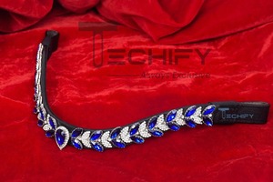 Elegant Horse Leather Brow Band with Royal Blue & White Leaf <b>Crystals</b> Premium Quality Handmade Equestrian Headstall <b>Accessory</b> - Product Image 4