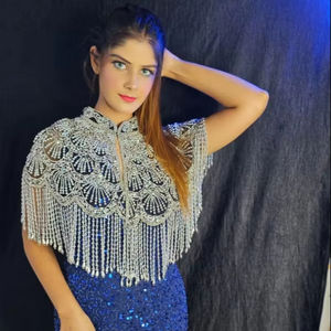 Cape burlesque élégante brins de perles paillettes attache le cou beau tissu de festival droit naturel pour les tenues de club polyester - Product Image 1