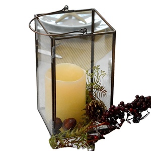 Geometric <b>Brass</b> Candle <b>Lantern</b> With Glass Panels Heat Resistant Home Decoration - Product Image 3