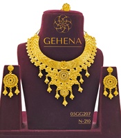 GEHENA 5 Gram Lapis Emas 24K Set Kalung Panjang Besar Afrika yang Indah, Anting, Cincin Jari, Desainer Wanita, Pernikahan, Petite