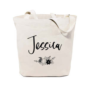 Personalized Open-Closure Floral Name Cotton Canvas Tote Bag with Solid Color Pattern - Product Image 1