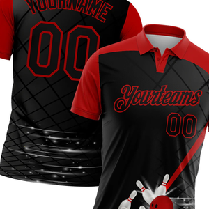 Camiseta Polo Sublimada Personalizada con Diseño de Bolos en Rojo y Negro, Personalizada con el Nombre del Equipo y el Número del Jugador para Deportes - Product Image 4