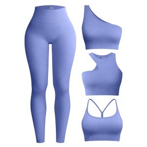 4 Piece Women Fitness Set Ribbed Yoga Wear Sports Bra One Shoulder Top High Waist <b>Leggings</b> Workout Outfits - Product Image 5