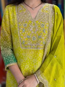 Ladies Special Pure Gorgeous Premium Embroidery Zari Work V Neck Style Bright Color Three Piece <b>Silk</b> <b>Kurta</b>/Kurti Wholesale Price - Product Image 4