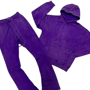 Purple Acid Washed Hoodie Tracksuit Men <b>Vintage</b> Fleece Pullover <b>Sweatshirt</b> Flared Jogger Pants Set Streetwear Winter Outfit - Product Image 6