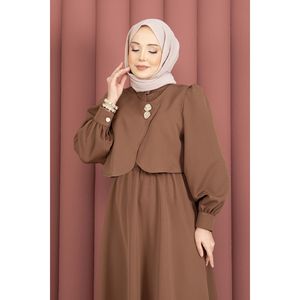 Ensemble robe boléro en crêpe marron café avec détail boutons dorés, élégant et stylé - Product Image 2