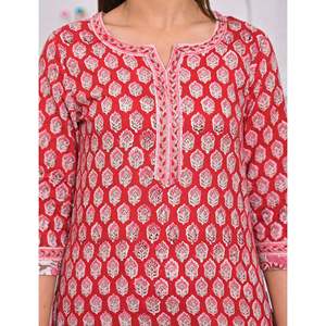 ชุดกางเกงคุรตะผ้าฝ้ายพิมพ์ลายสีแดง แขนสามส่วน สำหรับใส่ในชีวิตประจำวัน - Product Image 2