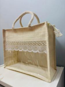 Exclusive Transparent Clear Window Stripped Jute Bags for Wedding Return <b>Gifts</b> <b>Basket</b> Room Hamper Tote Bag - Product Image 4