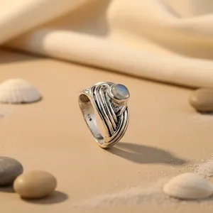 Anillo Étnico Bohemio de Plata 925 con Piedra Lunar Natural, Engaste de Bisel, Joyería con Piedras Preciosas, Unisex, para Uso Diario - Product Image 1