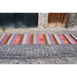 Tapis en Laine Turque Vintage Fait Main 3 'X 12.9' Rouge Bleu Ethnique Patchwork Rectangle Design Style Classique pour Salon Chambre Latex - Product Image 4
