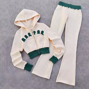 Conjunto de pantalones de chándal acampanados con capucha y cremallera 3D de 2 piezas para mujer, Polar Chaqueta de algodón, pantalones de tiro bajo, técnica lavada, Hip Hop de invierno - Product Image 2