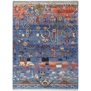 Tapis en soie noués à la main Manchaha Blue, tapis abstraits de Jaipur pour l'entrée de la maison, tapis rectangulaires Tabriz pour couloir, design patchwork - Jaipur - Product Image 1