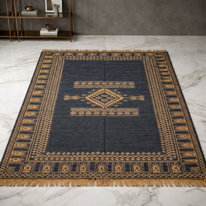 Tapis Kilim Dhurrie bleu marine moderne, fait main, écologique, en laine/soie, avec support en jute antidérapant, tissage plat géométrique tribal pour la maison - Product Image 5