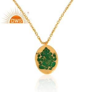 Diseñador Ganesha colgante chapado en oro 925 Plata y verde esmalte cadena colgante joyería mayorista - Product Image 3