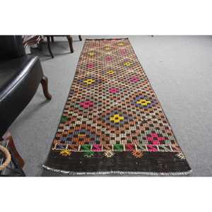 2.7x9 ft Kilim Turkish Rug, <b>Brown</b> Patchwork Vintage Rug <b>Wool</b> - Product Image 3