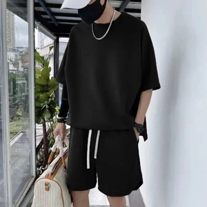 2025 américain lourd couleur unie petit décolleté T-shirt à manches courtes hommes été 425G Shorts Sports et loisirs costume ample - Product Image 3