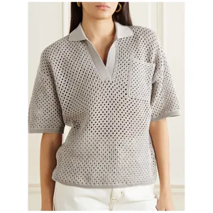Großhandel individuelle damen kurze Ärmel ausgehöhlt textur pullover lockeres design offen gestrickt baumwolle polo pullover