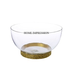 Bol de forme ronde en verre transparent transparent de qualité supérieure avec base de conception fantaisie unique en métal plaqué or robuste - Product Image 1