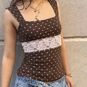 Débardeur en tricot sans manches pour femmes, taille haute, à pois, court, couleur contrastée, bordure en dentelle, dos noué, ajusté, décontracté, été, Y2K, camisole - Product Image 4