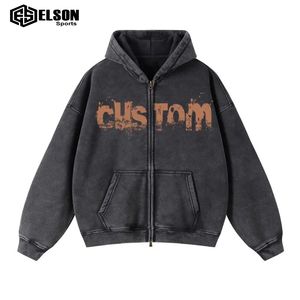 Buena calidad pulóver de gran tamaño con capucha hombres sudadera ácido lavado crudo dobladillo impresión DTF fabricación de ropa - Product Image 5