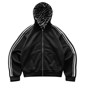 Veste à capuche unisexe noire à fermeture éclair avec bandes latérales blanches, doublure polaire unie, coupe-vent, respirante, style Y2K, streetwear décontracté, hiver - Product Image 1