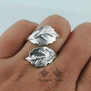 Dual Leaf Sterling <b>Silver</b> <b>Statement</b> <b>Ring</b> Handmade Size Adjustable Design Plant Lover Gift for Her Birthday Anniversary Christmas - Product Image 1