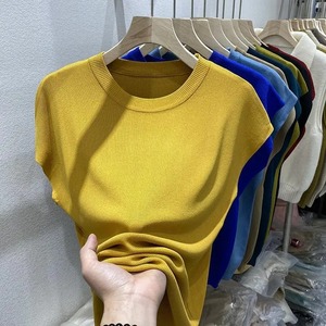 Streetwear Pullover Camiseta cuello redondo verano Mujer tejido moda mujer blusa manga corta Color sólido seda camiseta de gran tamaño - Product Image 3