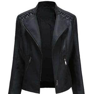 Chaqueta de Motociclista de Cuero y Lona Tejida para Mujer, Hecha a Medida, de Alta Calidad, Informal, Elegante, Impermeable, Ecológica, con Botones - Product Image 1