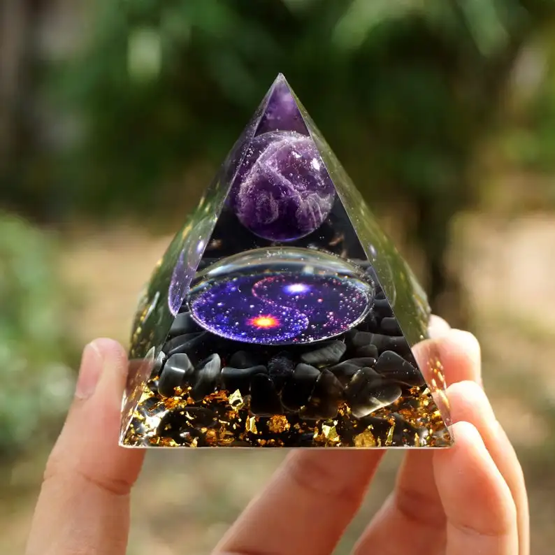 Galaxy Series Orgonite Amethyst Crystal Sphere & Obsidian Natural Crystal Stone Nubian Pyramid For Healing Chakra balancing