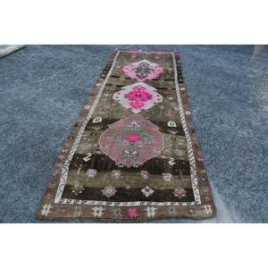 Alfombra de lana Vintage hecha a mano rectángulo grande 4,2X10,4 pies diseño de retazos en marrón rosa para dormitorio pasillo sala de estar látex - Product Image 1